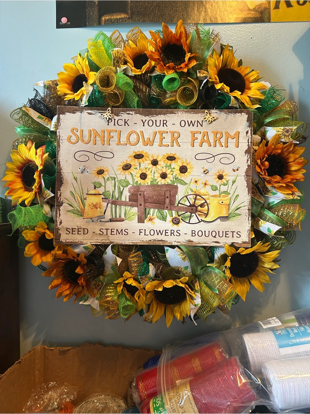 Hand Crafted Sunflower Farm Wreath - Yellow, Green, Brown